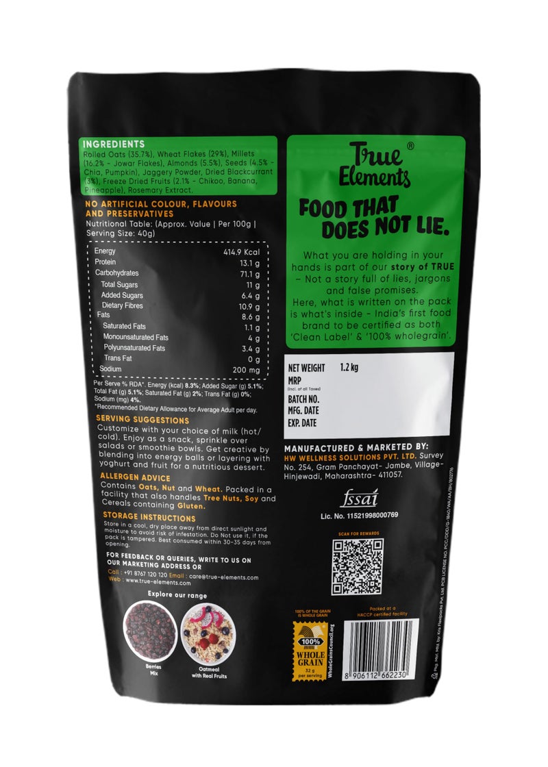 True Elements موسلي بالفواكه والمكسرات 1.2 كجم من True Elements - مع فواكه حقيقية ولوز | 100% حبوب كاملة | حبوب الإفطار | موسلي بروتين | بدون سكر مضاف | عبوة قيمة فائقة - Image 2