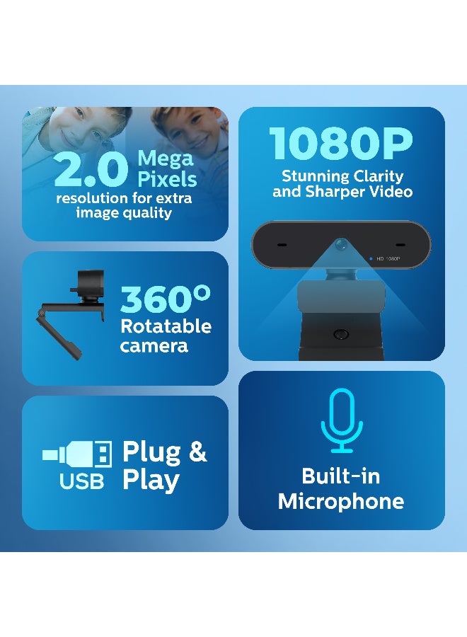Philips Full HD Webcam with Dual Microphones, 1080P, 360° Rotation, Fixed Focus, and Plug-and-Play USB for Laptop & Desktop - black - Image 2