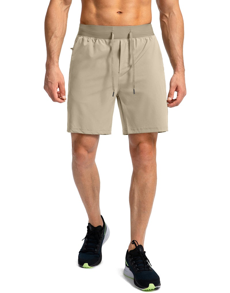 Soothfeel Men's Running Shorts with Zipper Pockets 7 Inch Lightweight Quick Dry Gym Athletic Workout Shorts for Men (Khaki, XL) - Image 2