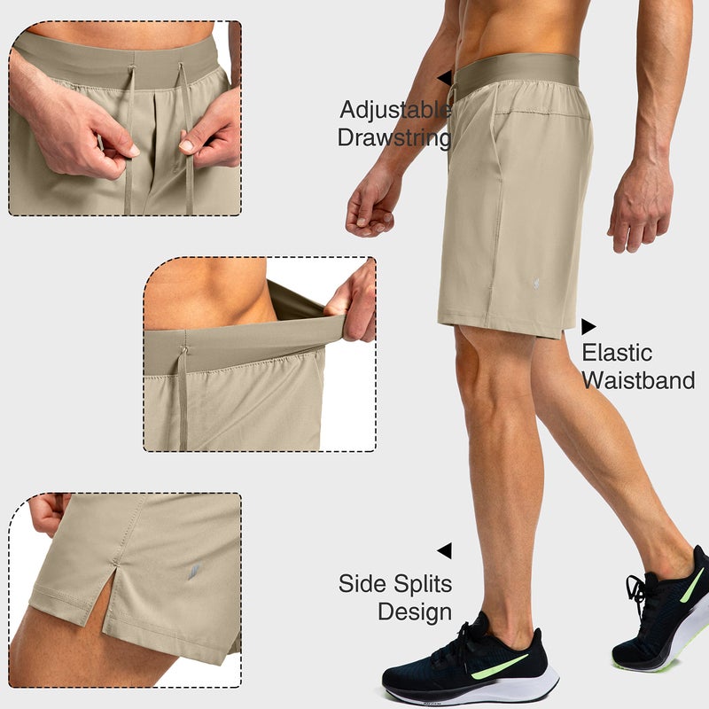 Soothfeel Men's Running Shorts with Zipper Pockets 7 Inch Lightweight Quick Dry Gym Athletic Workout Shorts for Men (Khaki, XL) - Image 4
