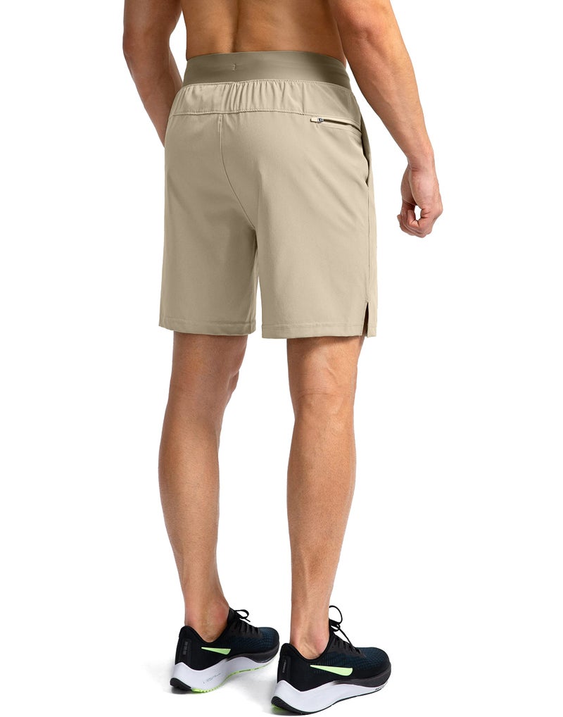Soothfeel Men's Running Shorts with Zipper Pockets 7 Inch Lightweight Quick Dry Gym Athletic Workout Shorts for Men (Khaki, XL) - Image 3