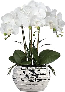 Briful Orchids Artificial Flowers 18" White Phalaenopsis Orchid with Silver Ceramic Pots Real Touch Faux Orchid Plant - Image 1