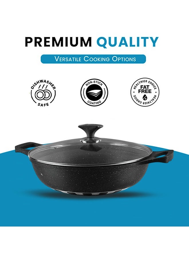 RK ROYAL KITCHEN Cresta Non Stick Wok 32 cm – 5 Pcs Black Marble Coated Diecast Karahi Set with Nylon Spoons & Pot Holder, Tempered Glass Lids, Food Grade, Stylish Design, Durable, Dishwasher Safe, Bio Plus System, Energy Efficient  - Image 2