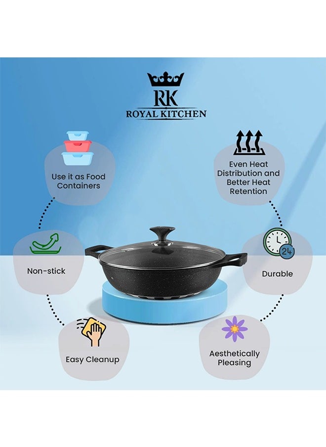 RK ROYAL KITCHEN Cresta Non Stick Wok 32 cm – 5 Pcs Black Marble Coated Diecast Karahi Set with Nylon Spoons & Pot Holder, Tempered Glass Lids, Food Grade, Stylish Design, Durable, Dishwasher Safe, Bio Plus System, Energy Efficient  - Image 3