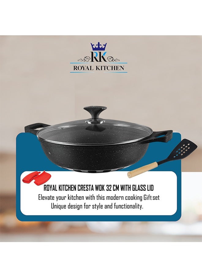 RK ROYAL KITCHEN Cresta Non Stick Wok 32 cm – 5 Pcs Black Marble Coated Diecast Karahi Set with Nylon Spoons & Pot Holder, Tempered Glass Lids, Food Grade, Stylish Design, Durable, Dishwasher Safe, Bio Plus System, Energy Efficient  - Image 5