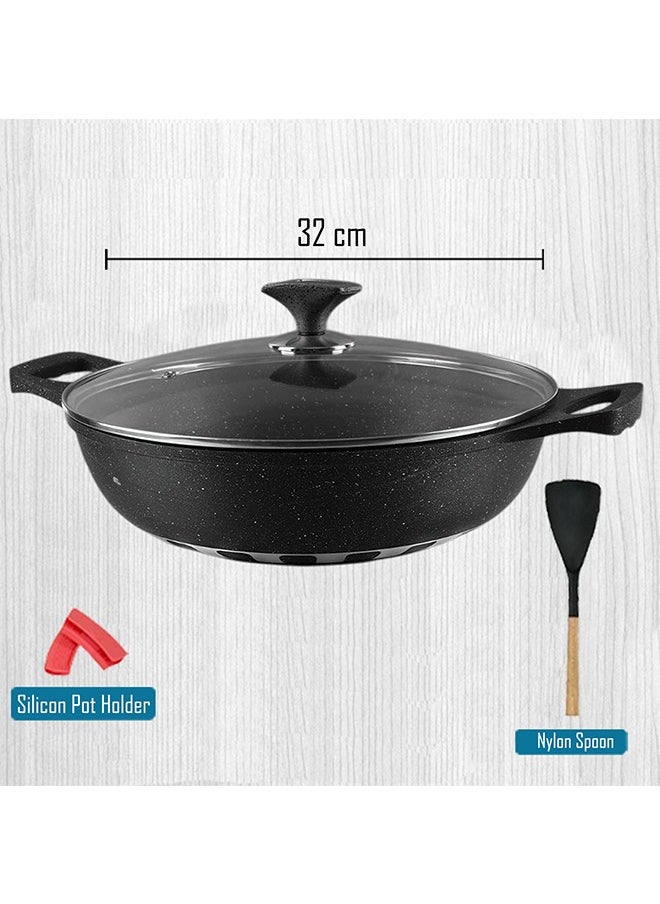 RK ROYAL KITCHEN Cresta Non Stick Wok 32 cm – 5 Pcs Black Marble Coated Diecast Karahi Set with Nylon Spoons & Pot Holder, Tempered Glass Lids, Food Grade, Stylish Design, Durable, Dishwasher Safe, Bio Plus System, Energy Efficient  - Image 4