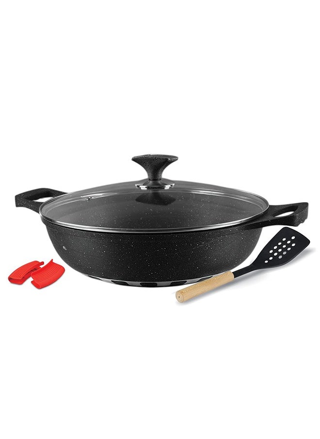 RK ROYAL KITCHEN Cresta Non Stick Wok 32 cm – 5 Pcs Black Marble Coated Diecast Karahi Set with Nylon Spoons & Pot Holder, Tempered Glass Lids, Food Grade, Stylish Design, Durable, Dishwasher Safe, Bio Plus System, Energy Efficient  - Image 1