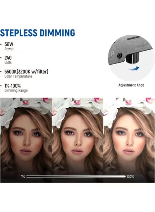 Large 18 Inch LED Ring Light (50W) with Stand - Dimmable, Filters, Remote Shutter & Phone Holder - Professional Lighting for Beauty, Studio & Video - Image 2