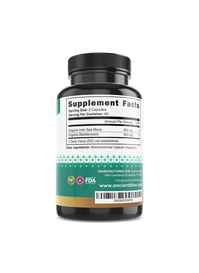Ancient Bliss - Organic Irish Sea Moss Pills Dr Sebi Wildcrafted Seamoss Capsules ; Thyroid Healthy Skin Gut & Joint Support ; 120 Capsules - Image 1
