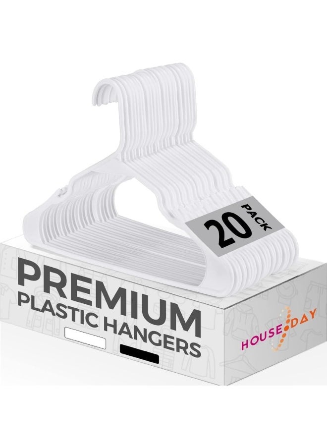 HOUSE DAY - HOUSE DAY Strong White Plastic Coat Hangers 20 pack 16.5" / 42cm wide, Fit for Adult, Children above 10, Odourless Package, with Convenient Hooks - Image 1