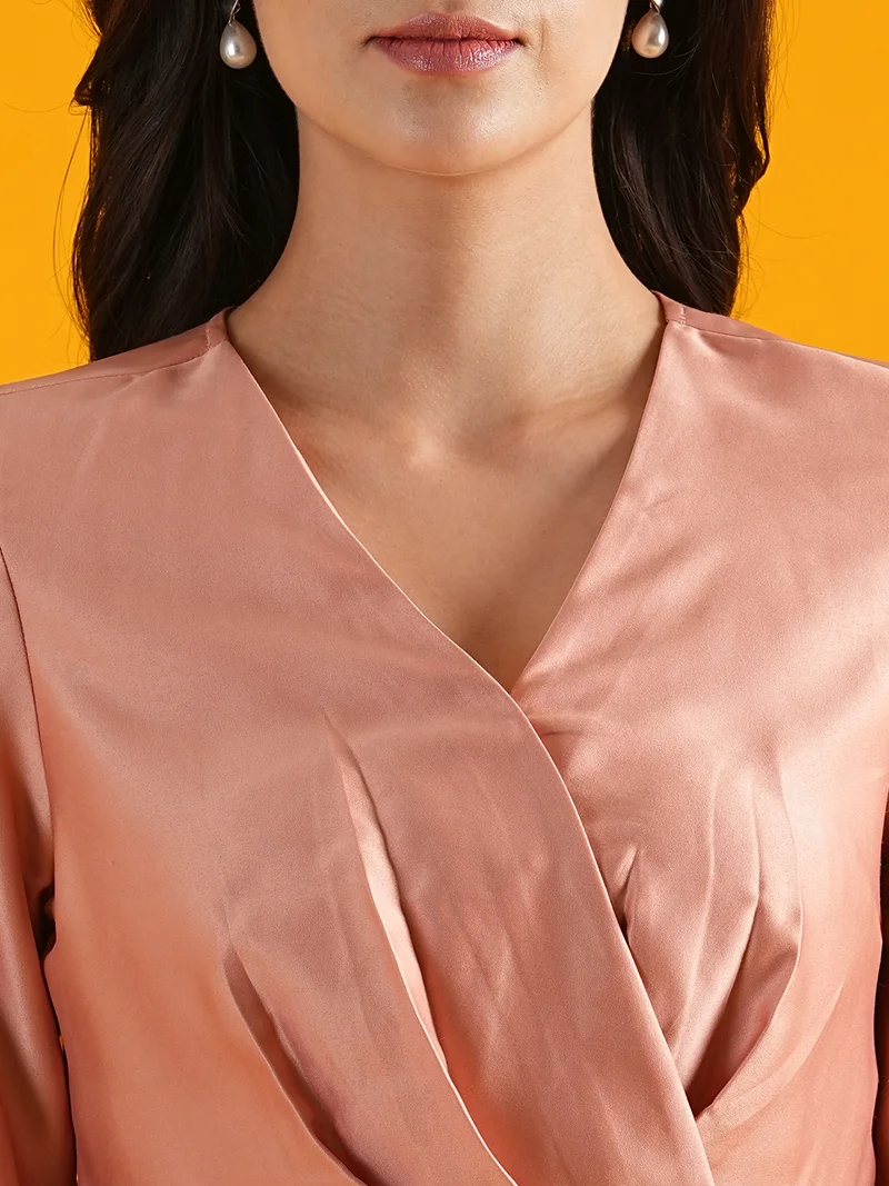 globus Women Pink V-Neck Cuffed Sleeves Wrap Party Top