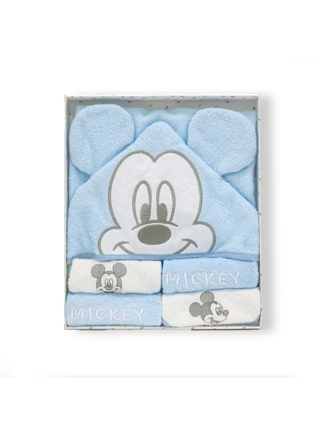 Disney Mickey Mouse 5-Piece Baby Hooded Towel Gift Set – 100% Cotton Terry, 75x75cm Hooded Towel & 4 Embroidered Washcloths, Gift Box Packaging