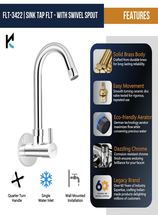 Kamal Full Brass Sink Tap - FLT | with 180 Degree Swivel Spout Chrome Finish Wall Mounted Faucet Quarter Turn Handle with Wall Flange | for Kitchen Sink & Wash Basin - Image 3