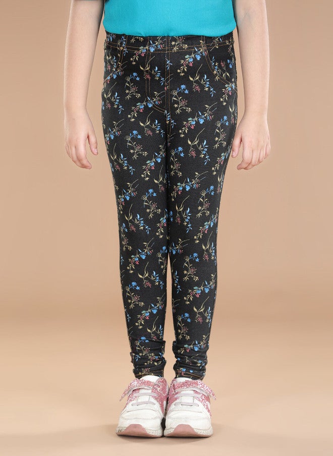 StyleStone Girls Black & Pink Floral Printed Cotton Jeggings - Image 1
