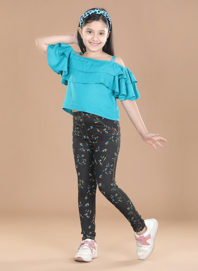 StyleStone Girls Black & Pink Floral Printed Cotton Jeggings - Image 4
