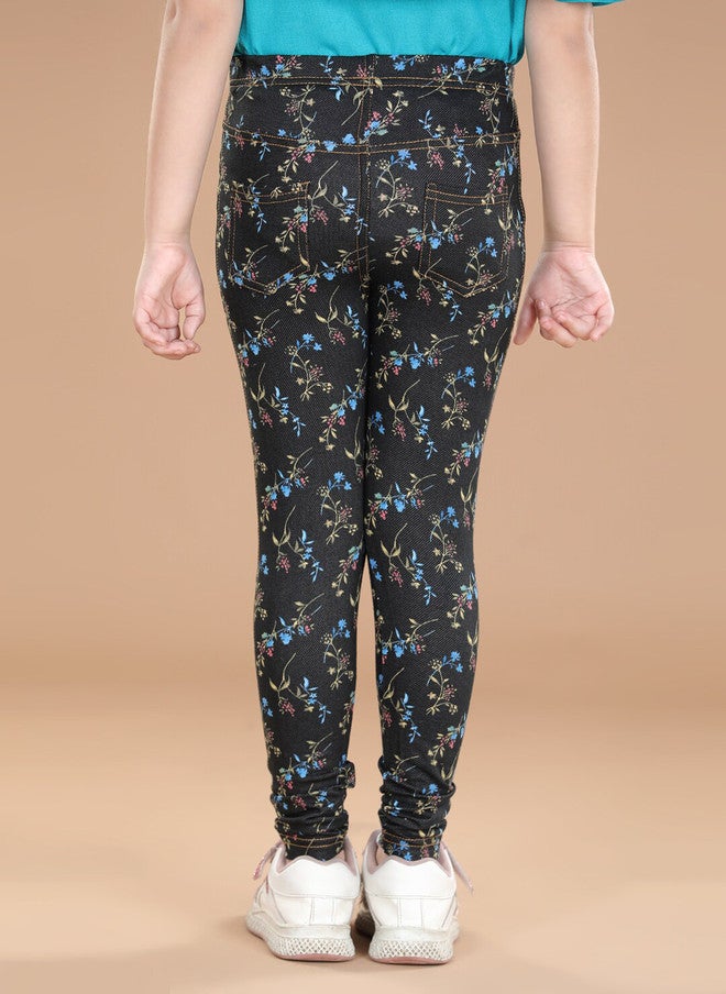 StyleStone Girls Black & Pink Floral Printed Cotton Jeggings - Image 3
