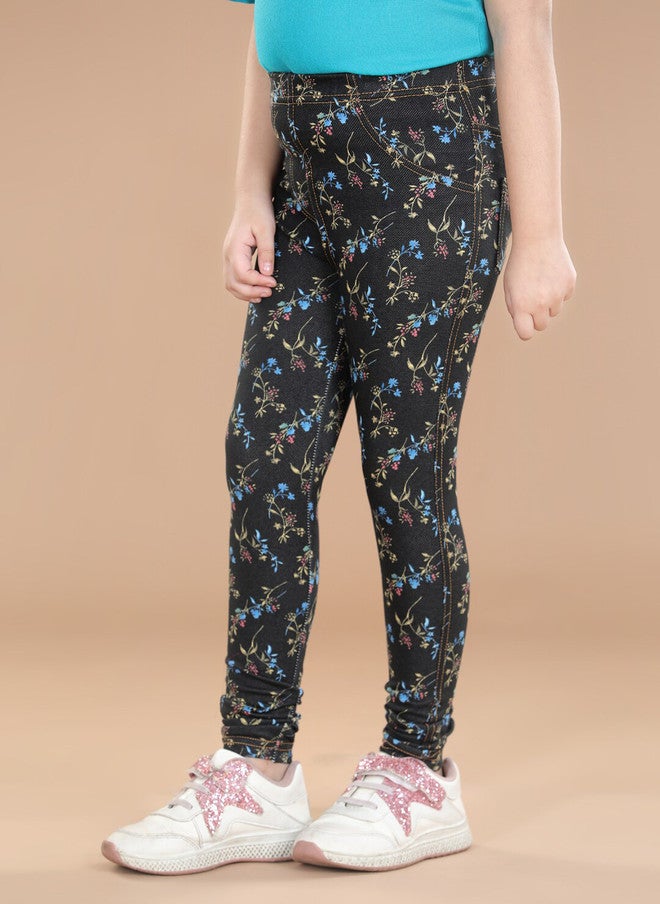 StyleStone Girls Black & Pink Floral Printed Cotton Jeggings - Image 2
