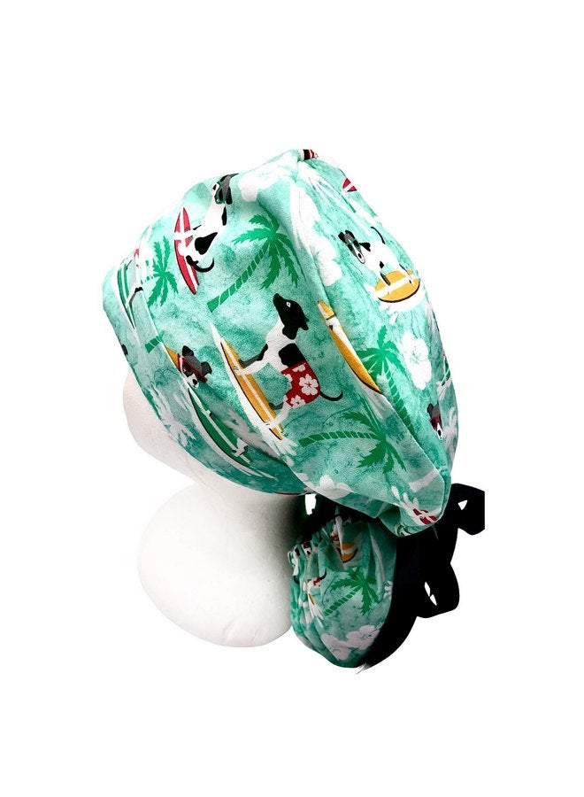 Generic Ponytail Scrub Cap, dogs gone surfing pattern cap ideal for long hair or ponytail. Select your satin ribbon tie backs from 6 color options. - Image 1