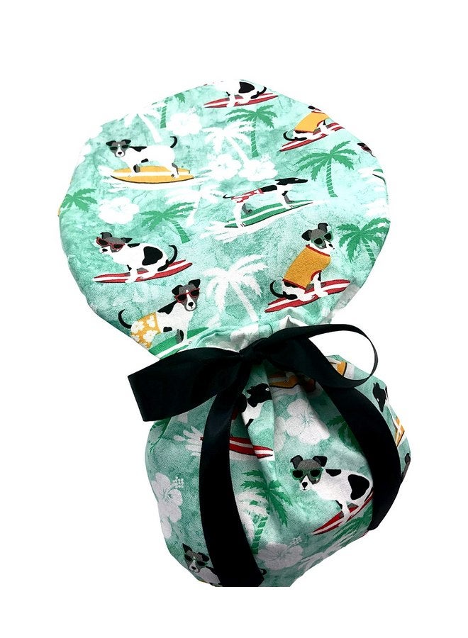 Generic Ponytail Scrub Cap, dogs gone surfing pattern cap ideal for long hair or ponytail. Select your satin ribbon tie backs from 6 color options. - Image 2
