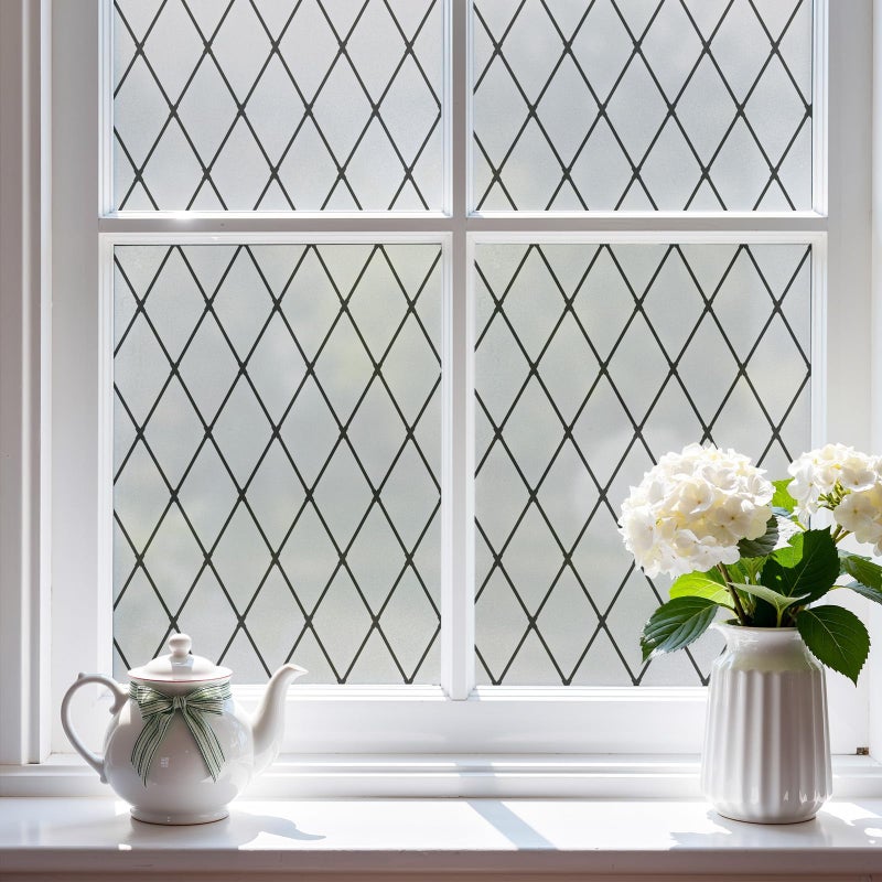 FEOMOS Window Film - Frosted Glass Tint, Black Lattice Sun Block, 17.3x78.7 inches - Image 1