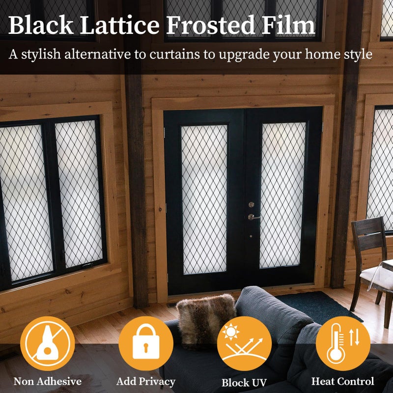 FEOMOS Window Film - Frosted Glass Tint, Black Lattice Sun Block, 17.3x78.7 inches - Image 3
