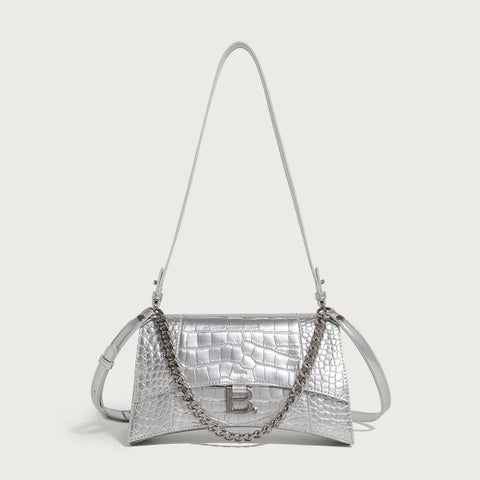 Crocodile Pattern Hourglass Bag with Chain silver gray