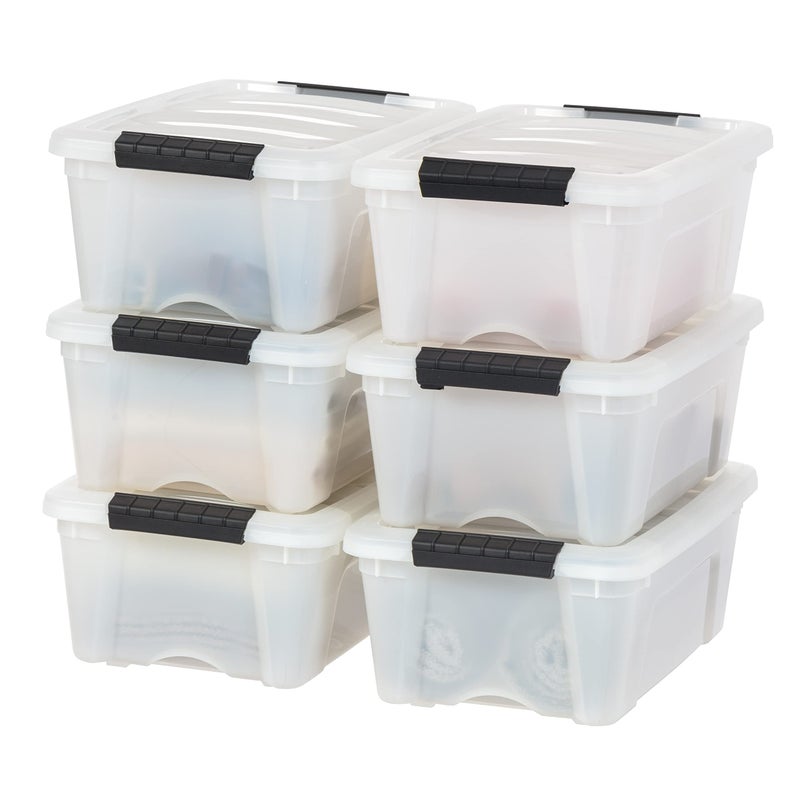 IRIS USA 13 Qt Stackable Plastic Storage Bins with Lids, 6 Pack - BPA-Free, Made in USA - Discreet Organizing Solution, Latches, Durable Nestable Containers, Secure Pull Handle - Pearl - Image 1