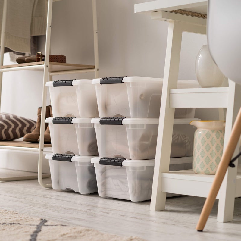 IRIS USA 13 Qt Stackable Plastic Storage Bins with Lids, 6 Pack - BPA-Free, Made in USA - Discreet Organizing Solution, Latches, Durable Nestable Containers, Secure Pull Handle - Pearl - Image 3