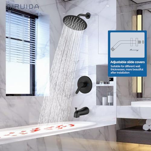Airuida مجموعة صنبور الدش وحوض الاستحمام من آيروييدا مع رأس دش ومقبض مجموعة صنبور حوض الاستحمام كاملة مع مجموعة صمامات تركيب بعمق 8 بوصات رأس دش دائري، أسود غير لامع - Image 3