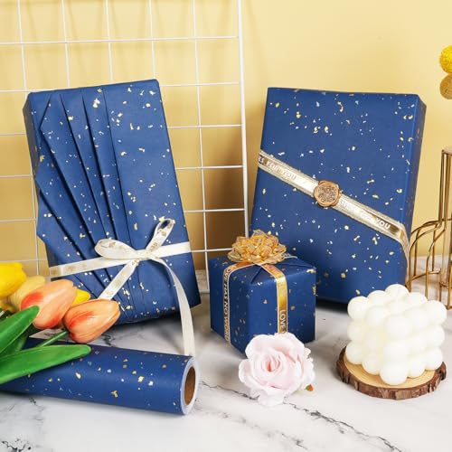 MAMUNU Navy Blue Wrapping Paper Roll - 17Inch x 33 Feet, Navy Blue Gift Wrapping Paper with Silver and Gold Foil Flake, Matte Kraft Gift Wrap Paper for Birthday Christmas Wedding Holiday Party Father’s Day - Image 5