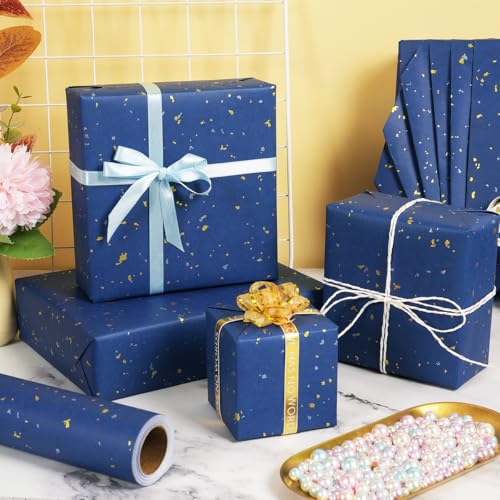 MAMUNU Navy Blue Wrapping Paper Roll - 17Inch x 33 Feet, Navy Blue Gift Wrapping Paper with Silver and Gold Foil Flake, Matte Kraft Gift Wrap Paper for Birthday Christmas Wedding Holiday Party Father’s Day - Image 3