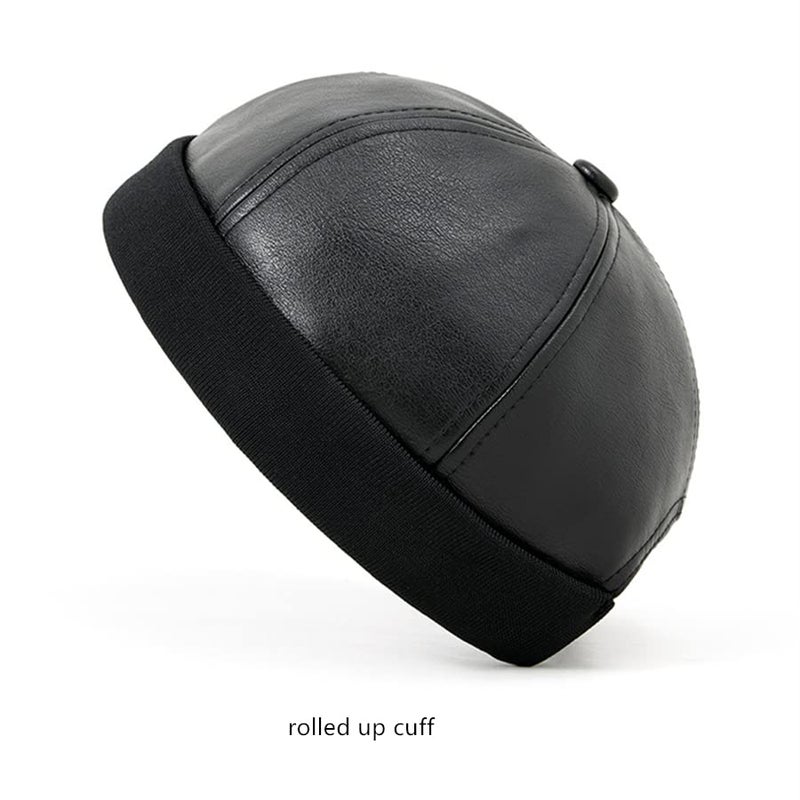 Teanea Unisex Faux Leather Docker Cap Brimless Leon Hat Skull Cap Beanie for Men Women, Black - Image 2