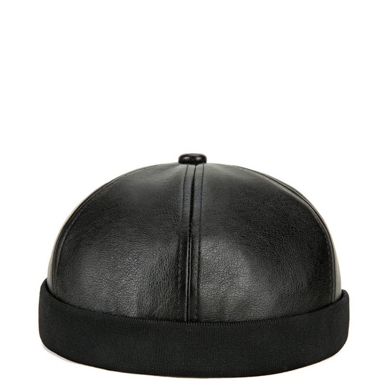 Teanea Unisex Faux Leather Docker Cap Brimless Leon Hat Skull Cap Beanie for Men Women, Black - Image 1