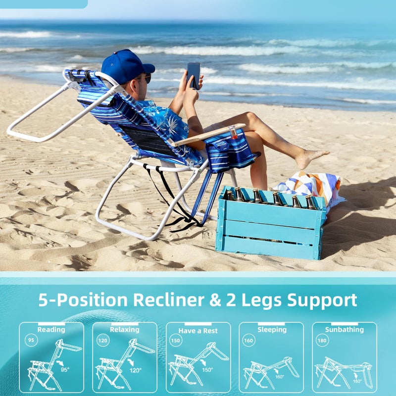 Yestomo Tall Beach Chairs for Adults, 17" High Backpack Beach Chair with Wooden Armrests, 5 Positions Reclining Heavy Duty Chair with Large Cooler Pouch, Support to 350LBS Striped Blue,1pack - Image 4