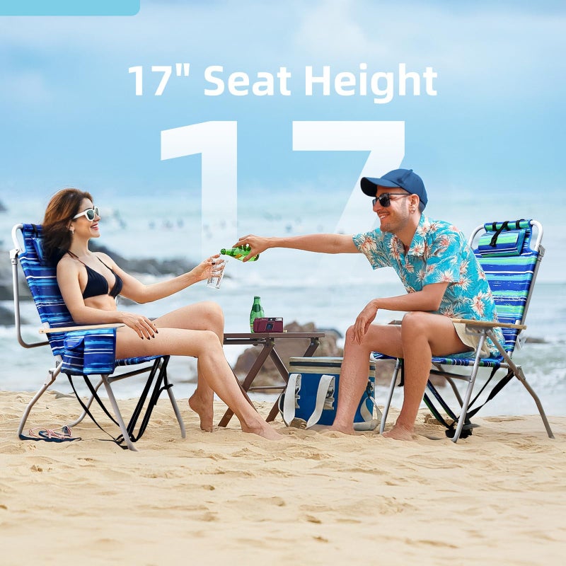 Yestomo Tall Beach Chairs for Adults, 17" High Backpack Beach Chair with Wooden Armrests, 5 Positions Reclining Heavy Duty Chair with Large Cooler Pouch, Support to 350LBS Striped Blue,1pack - Image 2