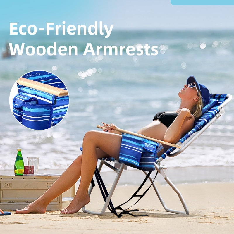 Yestomo Tall Beach Chairs for Adults, 17" High Backpack Beach Chair with Wooden Armrests, 5 Positions Reclining Heavy Duty Chair with Large Cooler Pouch, Support to 350LBS Striped Blue,1pack - Image 3