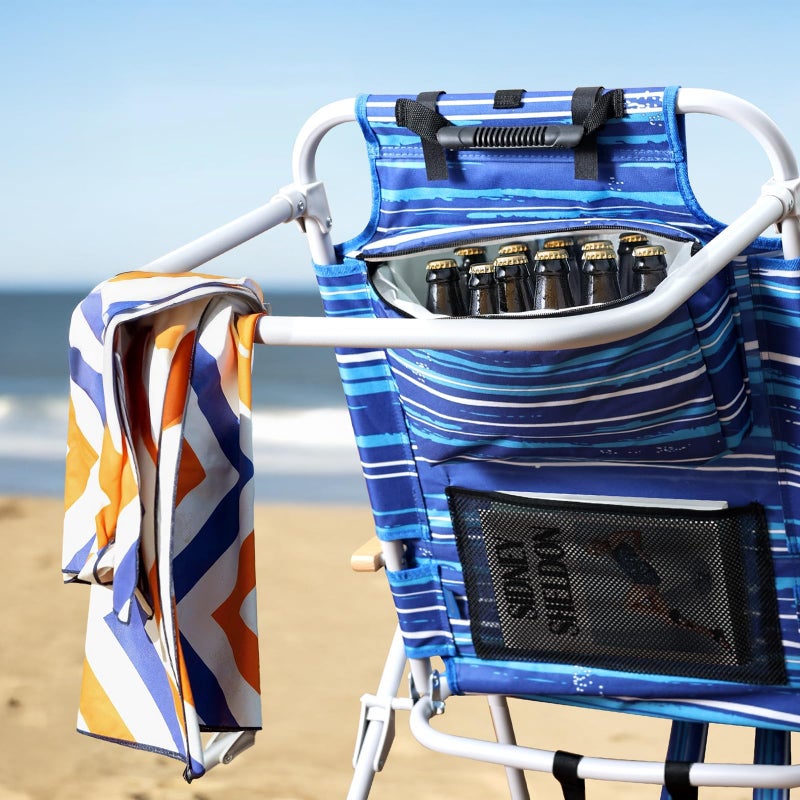 Yestomo Tall Beach Chairs for Adults, 17" High Backpack Beach Chair with Wooden Armrests, 5 Positions Reclining Heavy Duty Chair with Large Cooler Pouch, Support to 350LBS Striped Blue,1pack - Image 5