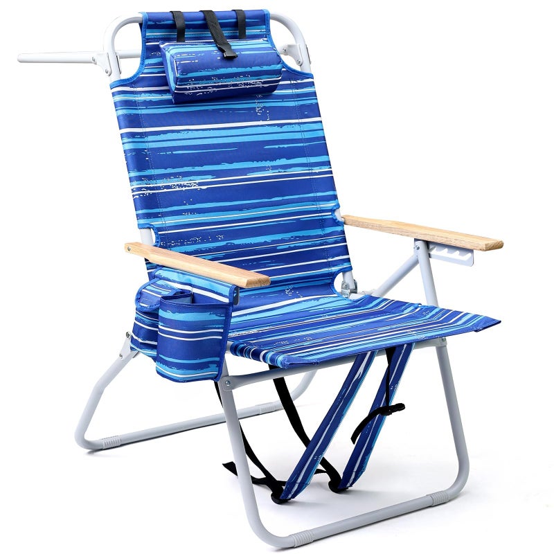 Yestomo Tall Beach Chairs for Adults, 17" High Backpack Beach Chair with Wooden Armrests, 5 Positions Reclining Heavy Duty Chair with Large Cooler Pouch, Support to 350LBS Striped Blue,1pack - Image 1