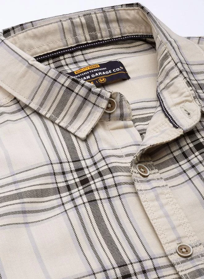 The Indian Garage Co Men Cream Plaid Slim Fit Shirt