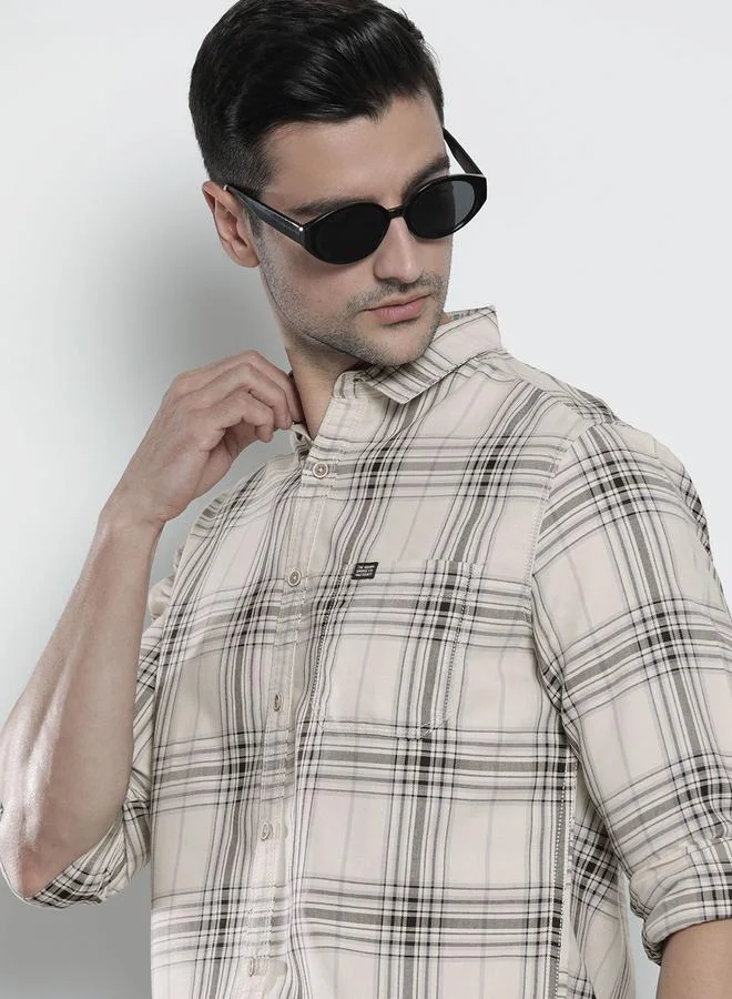 The Indian Garage Co Men Cream Plaid Slim Fit Shirt