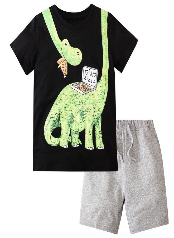 Frogwill Toddler Boys Summer Clothing Green Dinosaur Pizza Printed 2-pieces Outfits Shorts Set 3t, GreenDino - Image 1