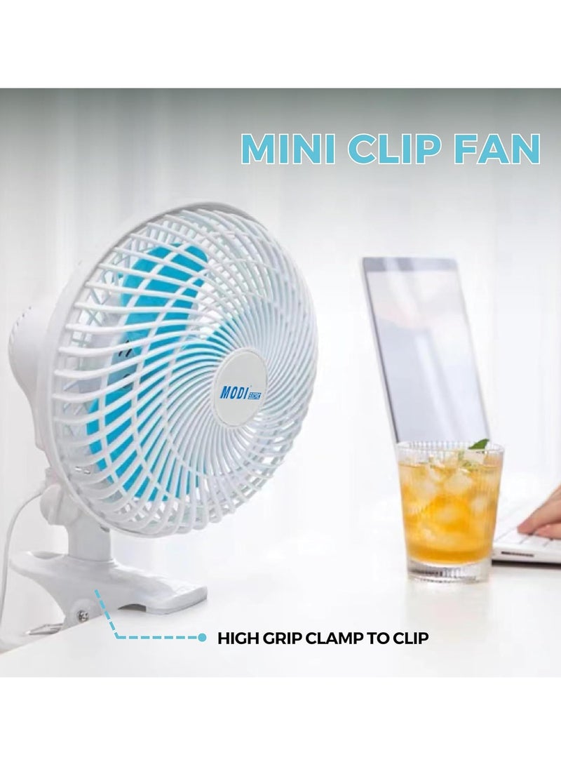 180° Mini Clip Fan MODI - 6 Inch Portable Desktop Electric Fan with Sturdy Clip and Quiet Operation