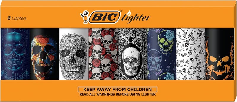 Bic ولاعة جيب ماكسي من سلسلة جماجم - إصدار خاص، رائعة لإشعال الشموع، مجموعة من 8 ولاعات - Image 1