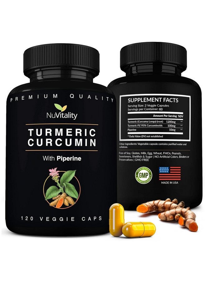 NuVitality كبسولات الكركم الكركم مع مستخلص الفلفل الأسود (بيبيرين) - 120 كبسولة نباتية من الكركم - 95% من الكركمين القياسي الممتاز - امتصاص عالي وفعالية - مكمل دعم المفاصل - Image 1