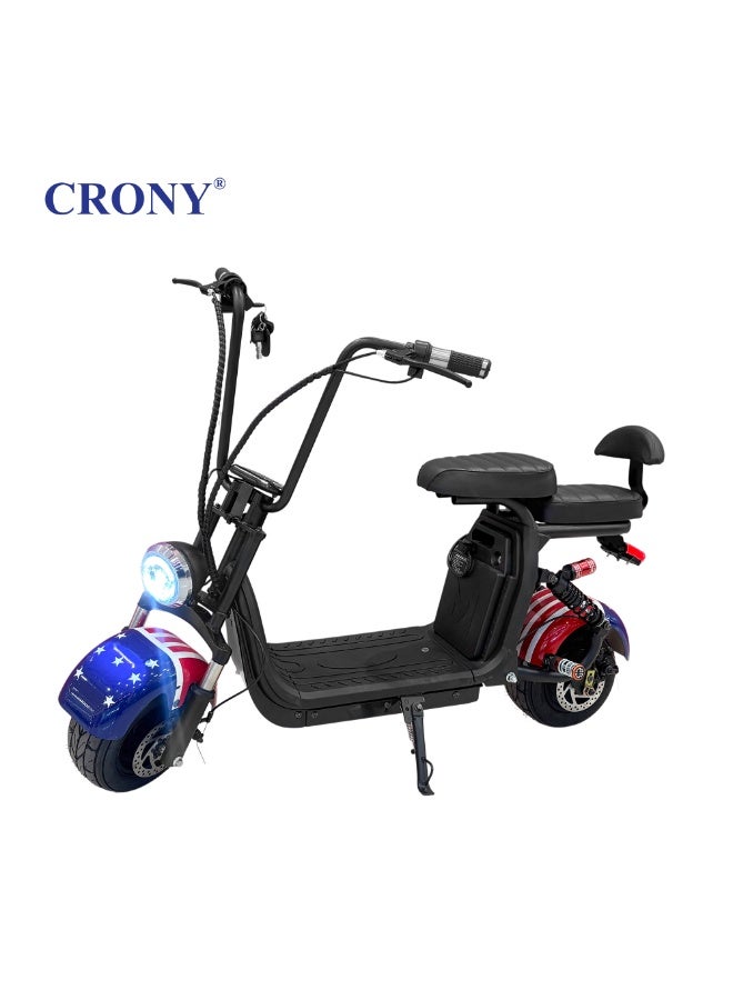 Crony Small Harley two seat big tires with BT Adult Delivery Electric Scooter E-Bike, Star Word Flag, Dual Seats, 1000W Motor, 48V 15AH Battery,  Max Speed: 50–68 KM/H - Image 1