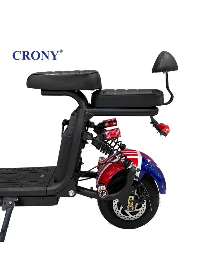 Crony Small Harley two seat big tires with BT Adult Delivery Electric Scooter E-Bike, Star Word Flag, Dual Seats, 1000W Motor, 48V 15AH Battery,  Max Speed: 50–68 KM/H - Image 3