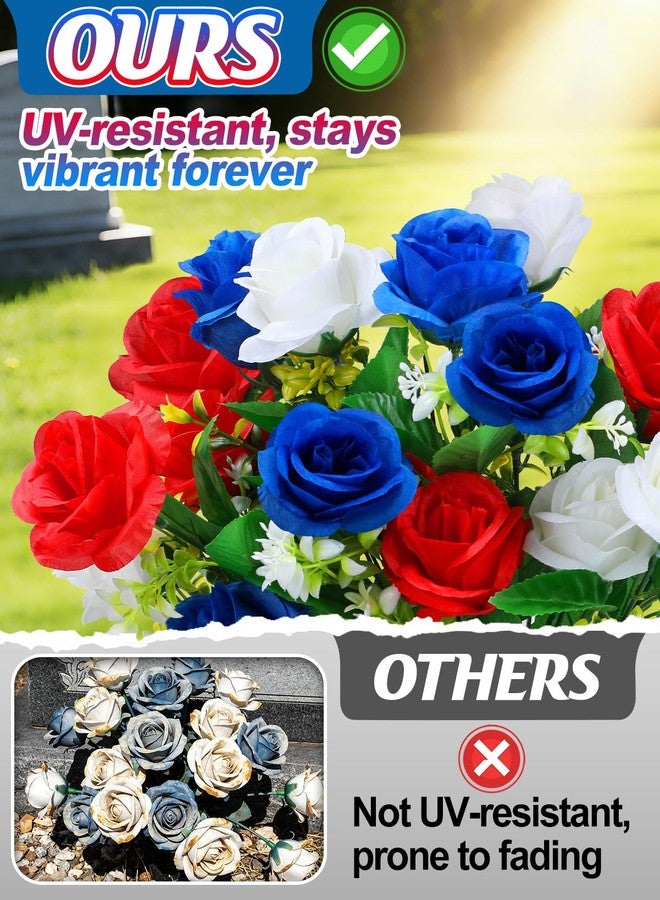 Acostop Memorial Day Cemetery Flowers for Grave - Weatherproof Red White Blue Bouquet with American Flags & Vase, Grave Decorations for Veterans Cemetery Headstones (2 Pack) - Image 2
