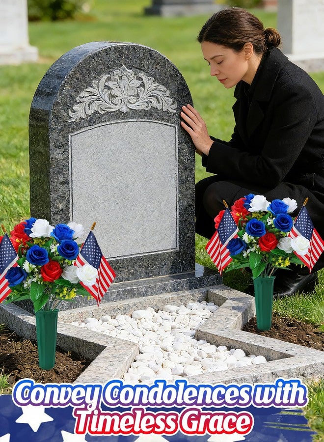 Acostop Memorial Day Cemetery Flowers for Grave - Weatherproof Red White Blue Bouquet with American Flags & Vase, Grave Decorations for Veterans Cemetery Headstones (2 Pack) - Image 4