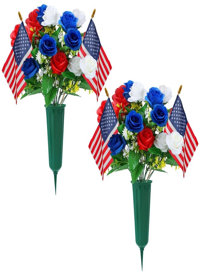 Acostop Memorial Day Cemetery Flowers for Grave - Weatherproof Red White Blue Bouquet with American Flags & Vase, Grave Decorations for Veterans Cemetery Headstones (2 Pack) - Image 1