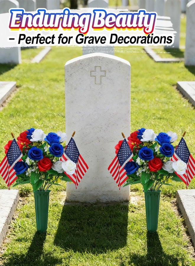 Acostop Memorial Day Cemetery Flowers for Grave - Weatherproof Red White Blue Bouquet with American Flags & Vase, Grave Decorations for Veterans Cemetery Headstones (2 Pack) - Image 3